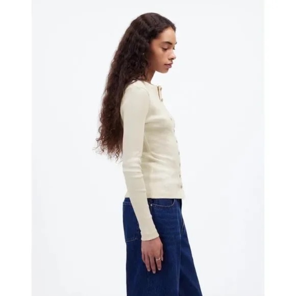 Madewell Garment-Dyed Ribbed Cardigan Button Down Front Long Sleeve Tee off XS - Picture 3 of 6